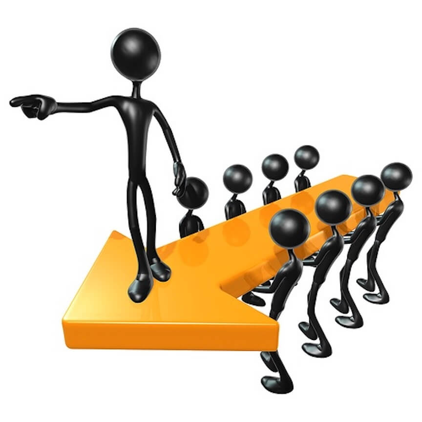 An illustration of a stick figure on an arrow carried by other stick figures.