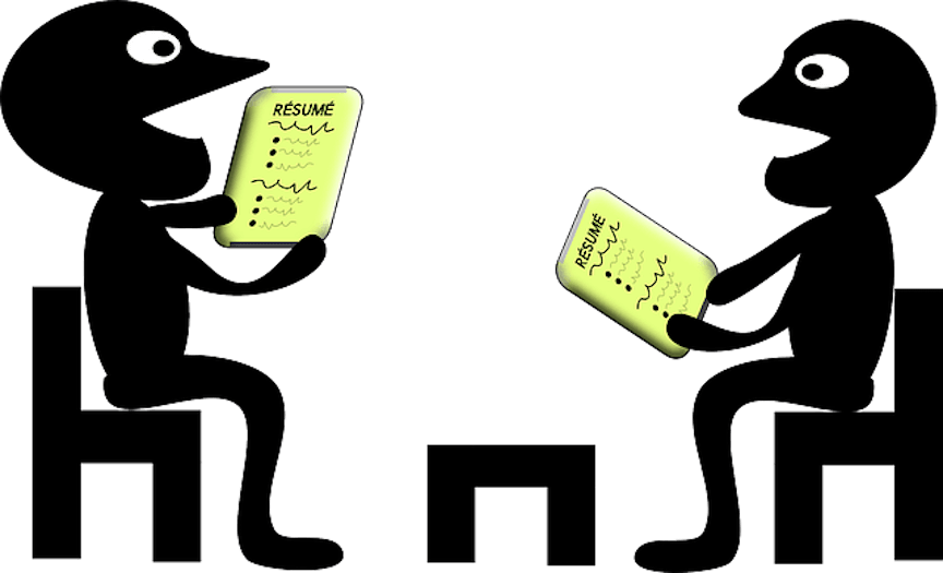 Cartoon illustration of two people in an interview setting holding resumes and talking across a table.