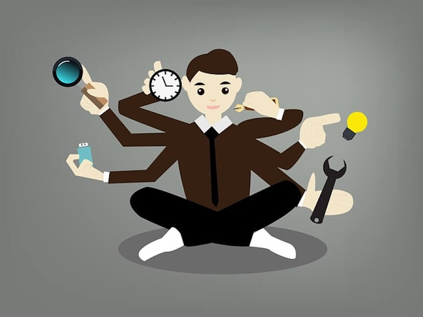 An illustration of a man with six arms multi-tasking.