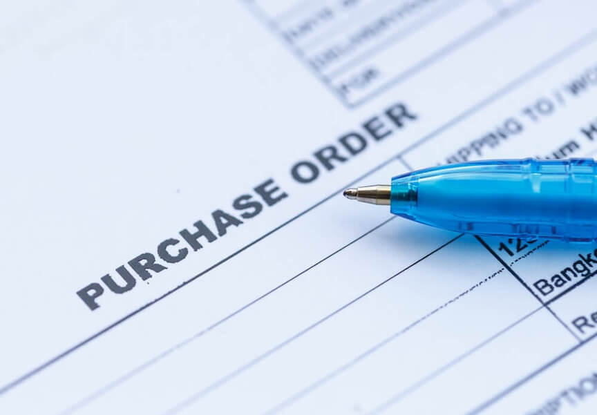 A graphic of a purchase order document with key fields highlighted