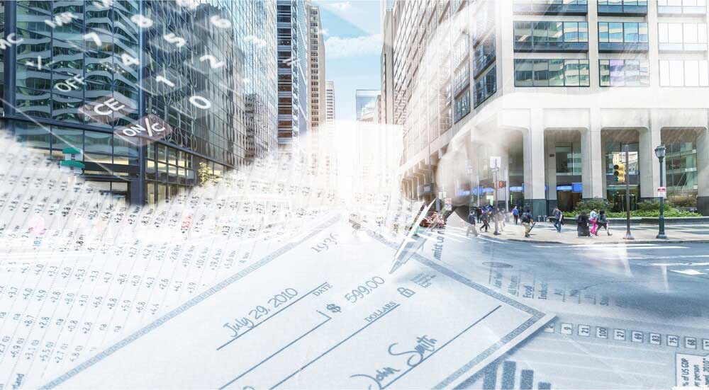 Financial district background with check overlay representing AP automation success.