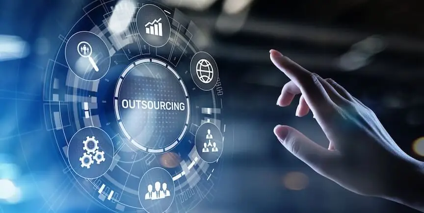 A graphic of a business owner delegating check printing tasks to an outsourced service