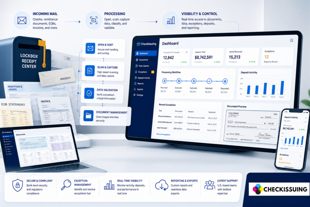 Lockbox payment processing workflow showing incoming checks, remittance documents, and payment data being captured, processed, and tracked through a centralized receivables management platform.