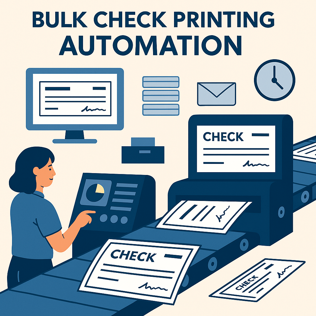 bulk check printing, automate payouts, high volume check processing, check automation, check fraud prevention, USPS mail tracking, Positive Pay security, CASS address verification, NCOA link, financial document automation, CheckIssuing