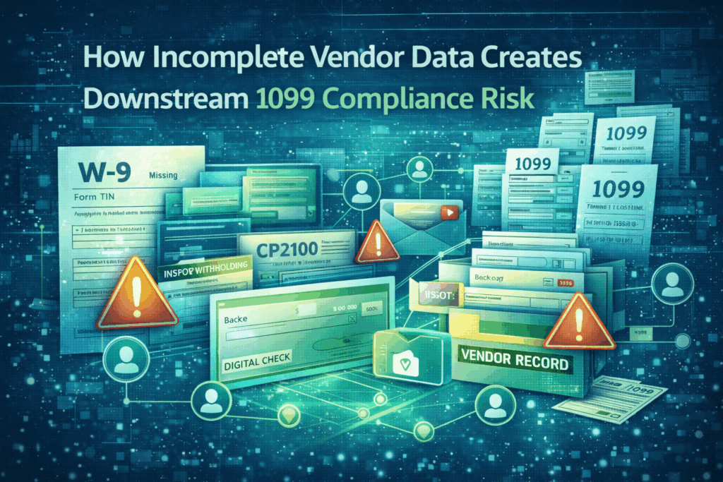 1099 compliance risk, vendor data management, 1099 compliance, 1099 filing online, 1099 e-file services, digital checks, vendor onboarding, W-9 validation, backup withholding, CP2100 notice, distributed finance teams, accounts payable controls, payment standardization, vendor record accuracy, tax reporting compliance, B-notice process