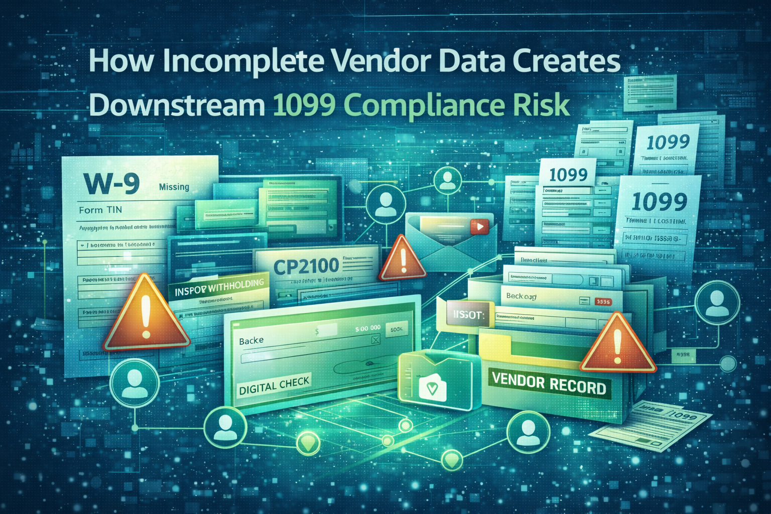 1099 compliance risk, vendor data management, 1099 compliance, 1099 filing online, 1099 e-file services, digital checks, vendor onboarding, W-9 validation, backup withholding, CP2100 notice, distributed finance teams, accounts payable controls, payment standardization, vendor record accuracy, tax reporting compliance, B-notice process