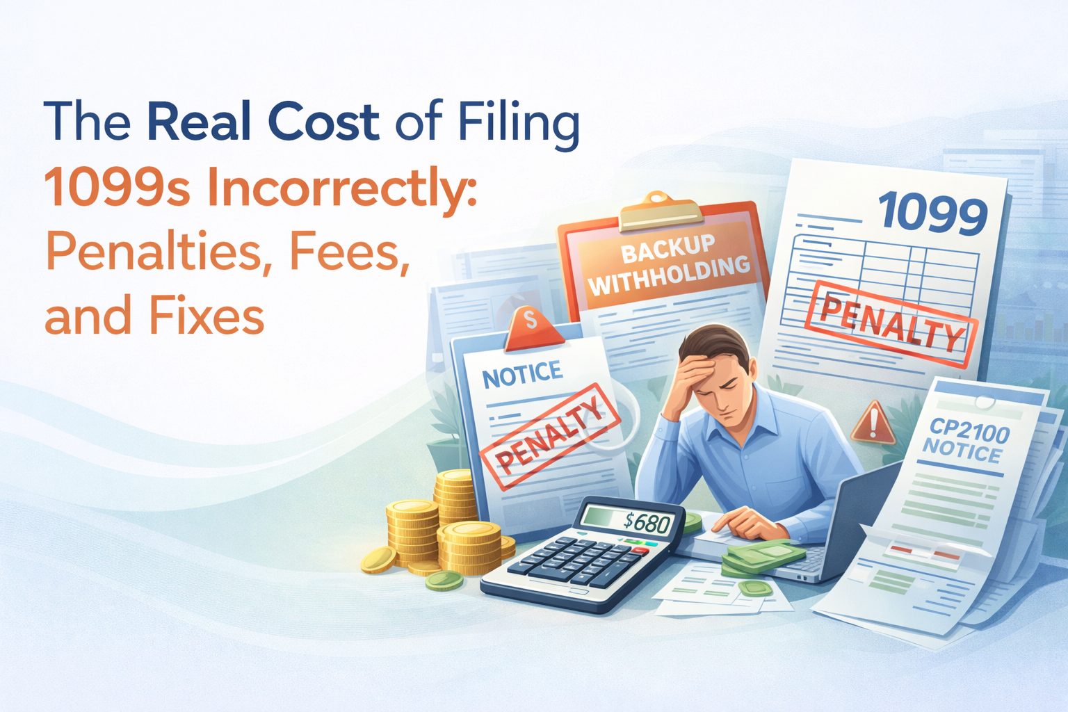 1099 filing, 1099 penalties, information return penalties, 1099 compliance, backup withholding, CP2100 notice, contractor payments, tax reporting errors, outsourced 1099 processing, IRS electronic filing