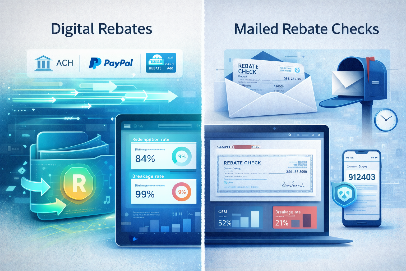 digital rebates, rebate check mailing, rebate management, rebate fulfillment, rebate breakage, rebate redemption rates, ACH rebates, virtual prepaid cards, rebate fraud prevention, rebate program ROI, promotional incentives, rebate payout methods, rebate economics, hybrid rebate model