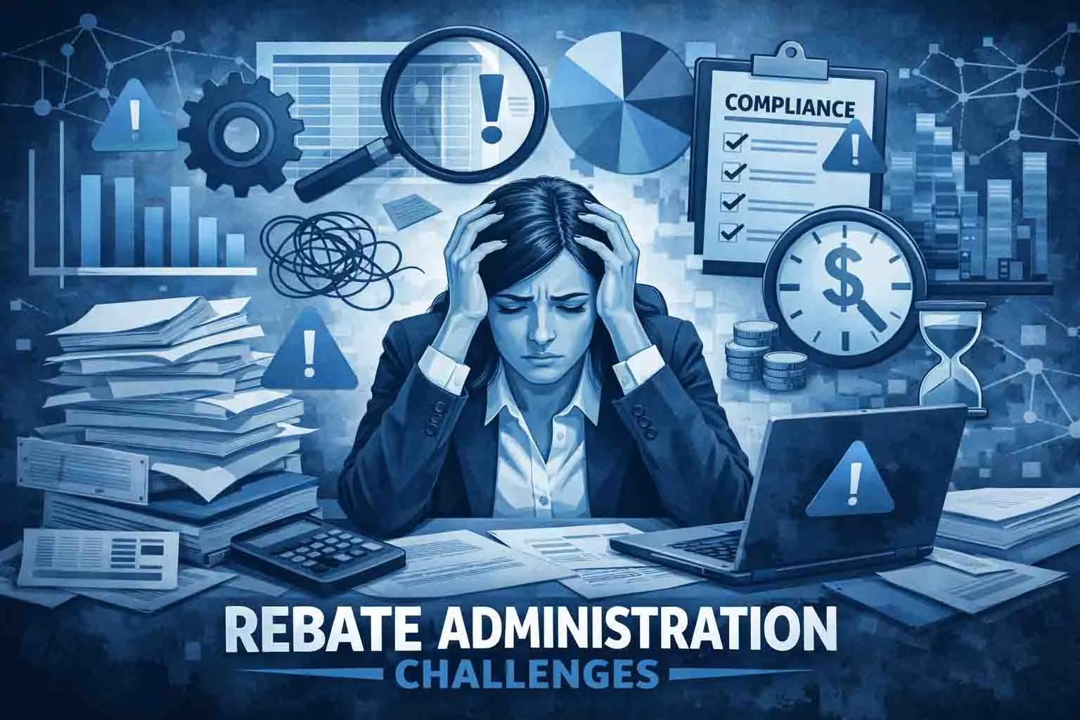 Stressed businessperson holding head surrounded by charts, paperwork, and a compliance checklist illustrating rebate administration challenges