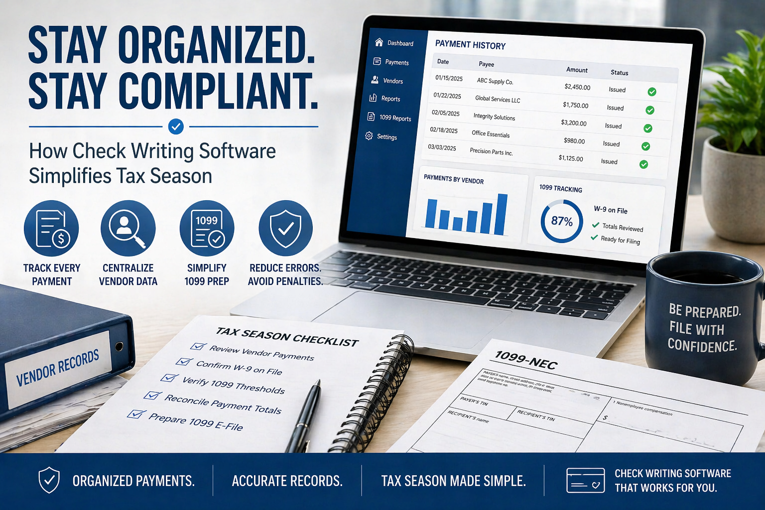 Check writing software dashboard helping businesses organize payments and prepare 1099 tax forms during tax season