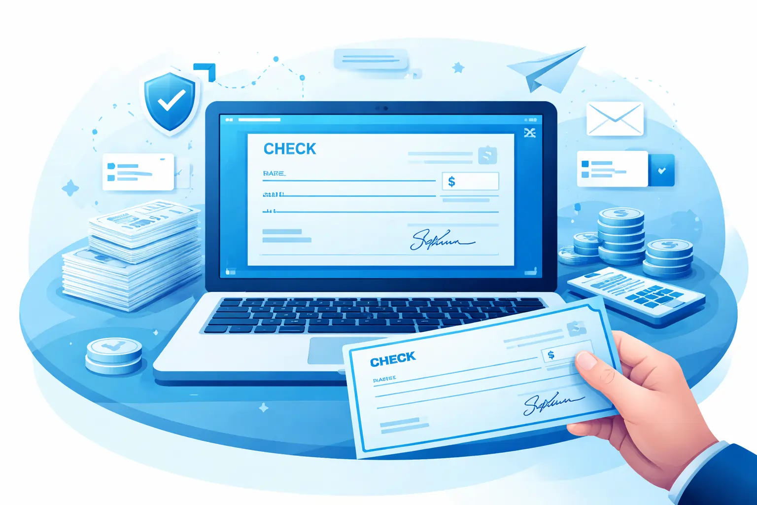 Person holds a check in front of a laptop displaying a digital check; stacks of cash and a calculator on a blue desk.