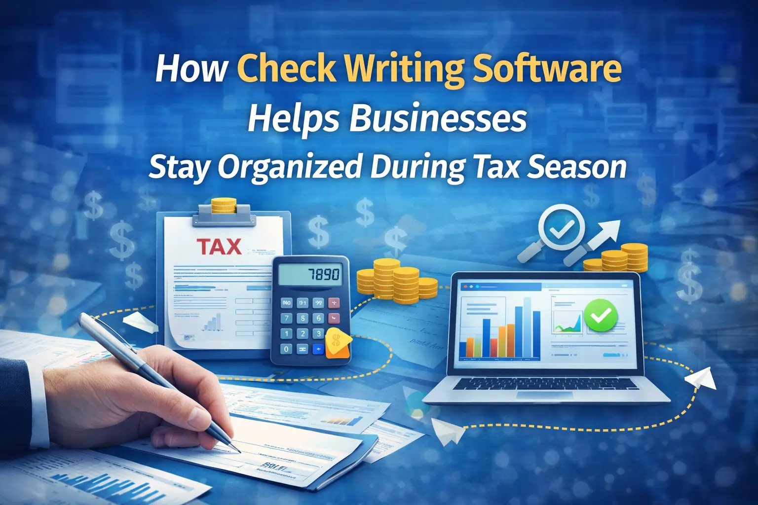 How Check Writing Software helps businesses stay organized during tax season, with a tax form, calculator, coins, and a laptop showing charts.