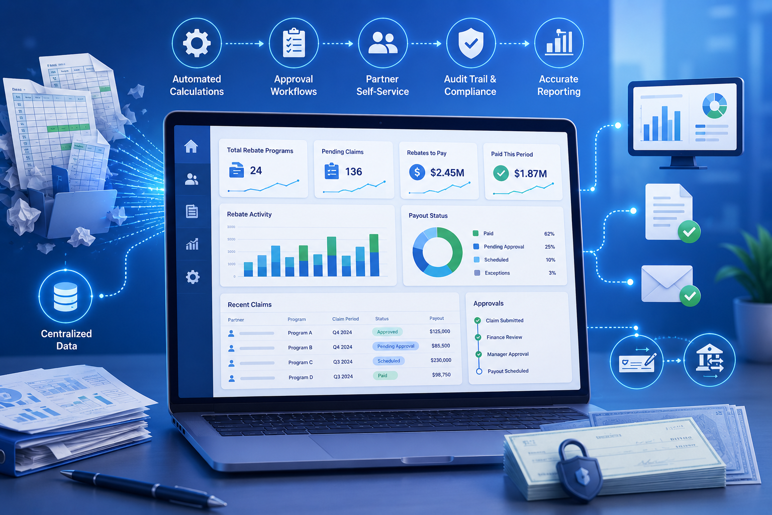 Illustration of rebate management software dashboard automating rebate tracking, approvals, payout processing, and financial reporting through a centralized digital workflow system.