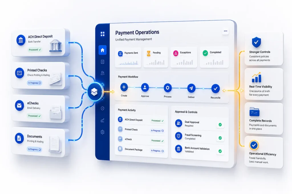 Dashboard-style illustration of a payment operations system with left-side processing cards, a central workflow, and right-side controls.
