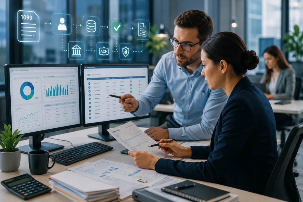 Two analysts review charts on dual monitors, with one pointing at data while the other holds a document; holographic workflow icons float above the scene.