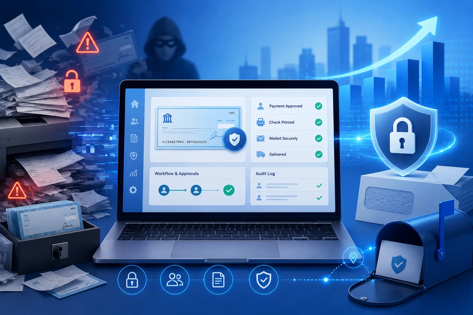 Secure financial software on a laptop with a shield and lock, indicating data protection and compliance in a digital workflow.