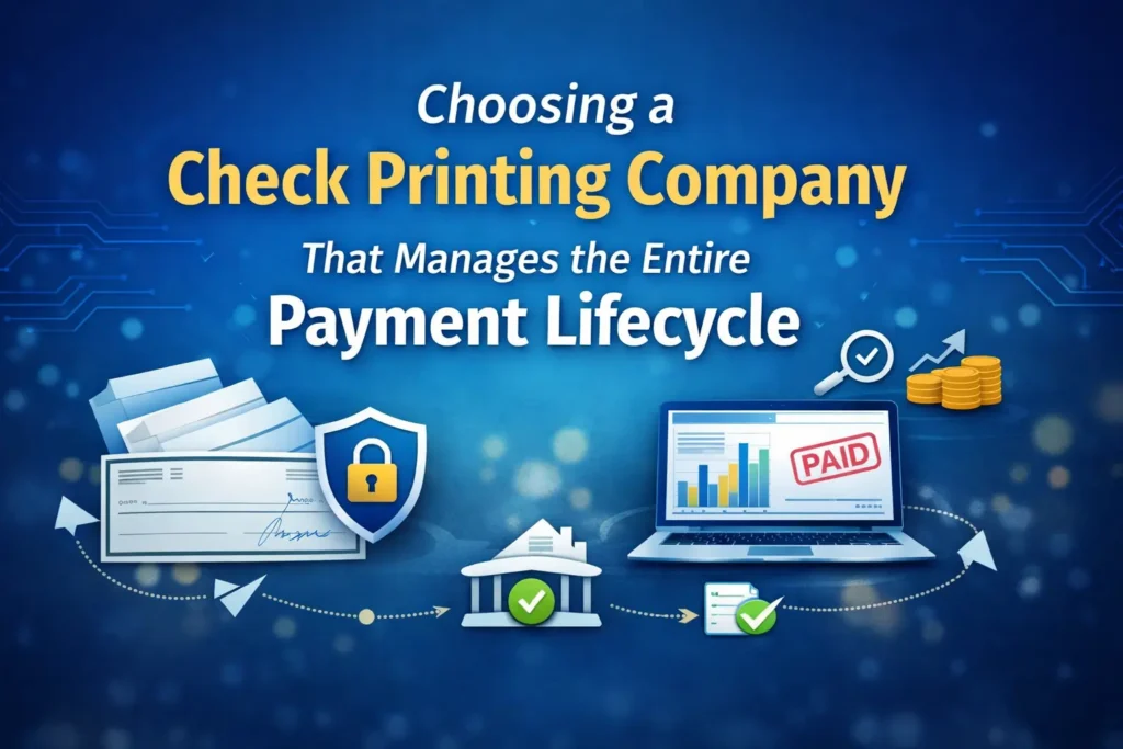 Blue tech-themed banner about choosing a check printing company, with checks, a shield guard, a laptop showing charts, and coins.
