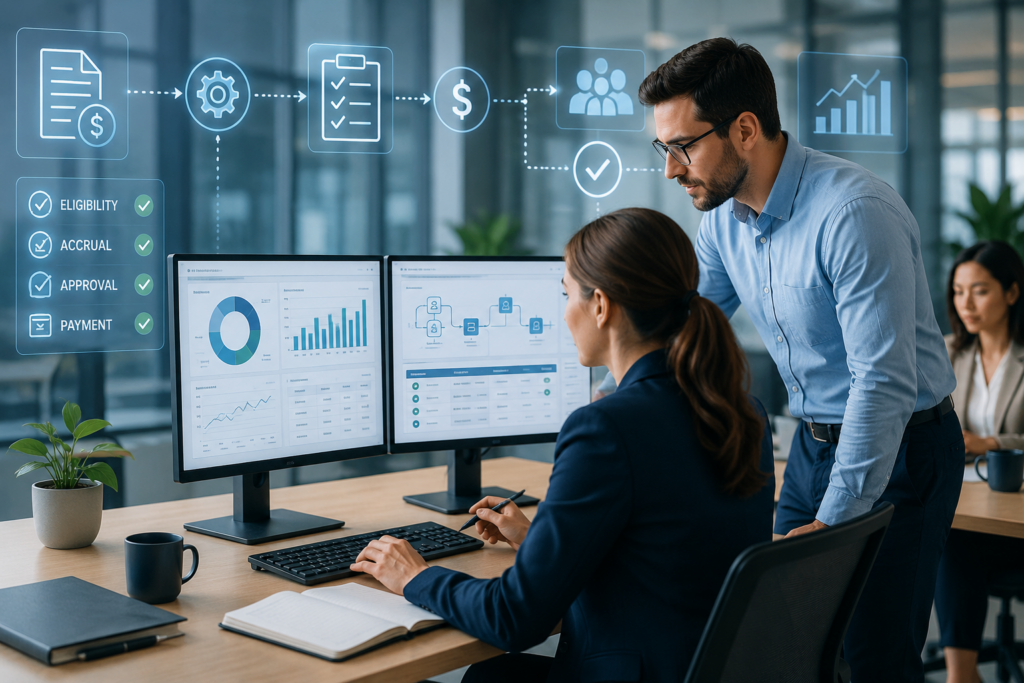 Two professionals analyze data on dual monitors, with holographic workflow icons hovering above the desk, signaling collaboration and analytics.