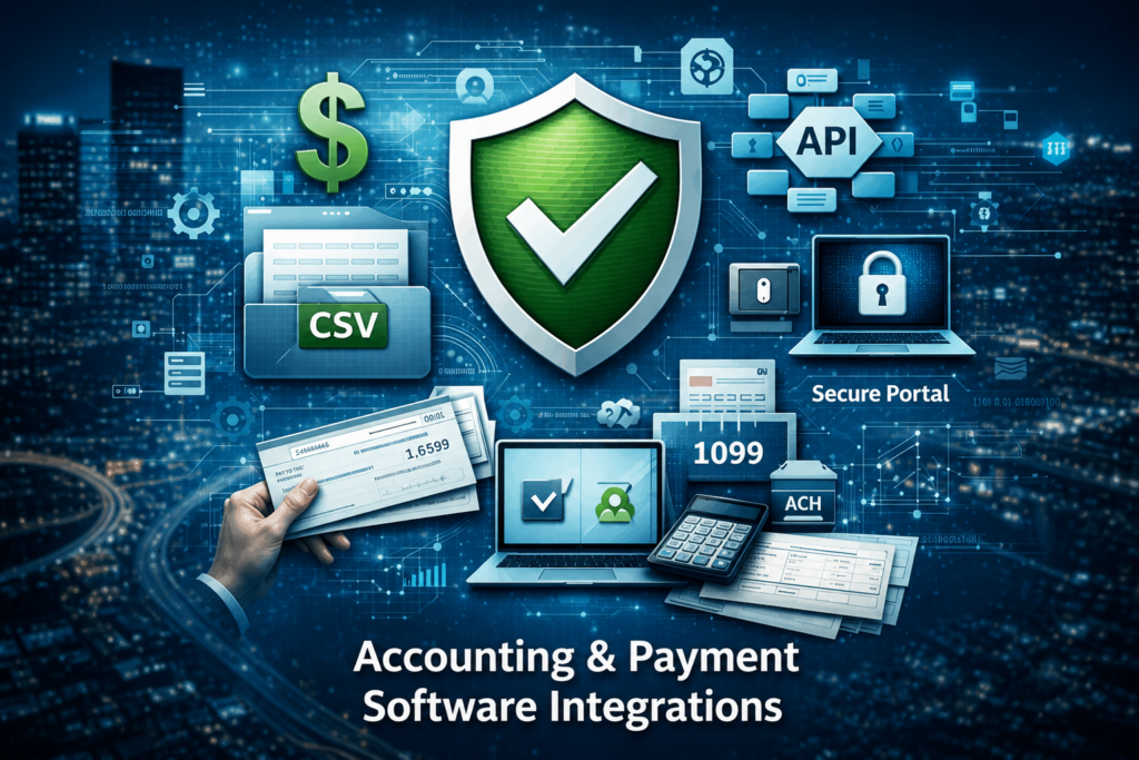 Digital collage of accounting and payment software integration: shield with a checkmark, dollar sign, CSV and API icons, secure portal, laptop with lock, cheques, calculator and caption 'Accounting & Payment Software Integrations'