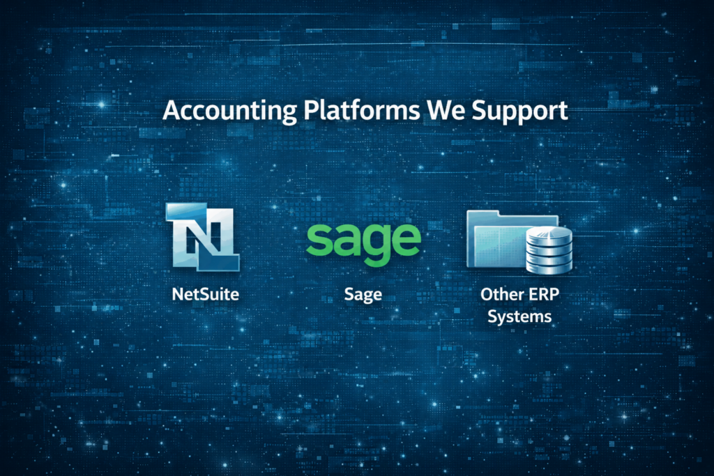 Accounts platforms we support: NetSuite, Sage, and other ERP systems shown as icons on a tech blue background