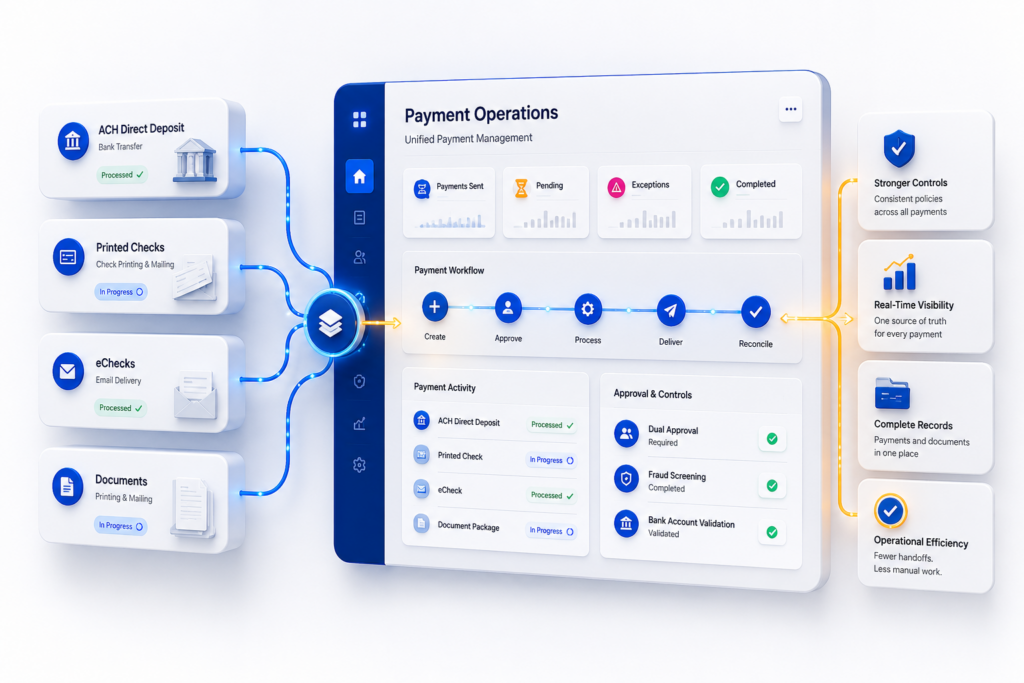3D fintech dashboard showing ACH payments, printed checks, eChecks, and document delivery unified within a centralized payment management workflow.