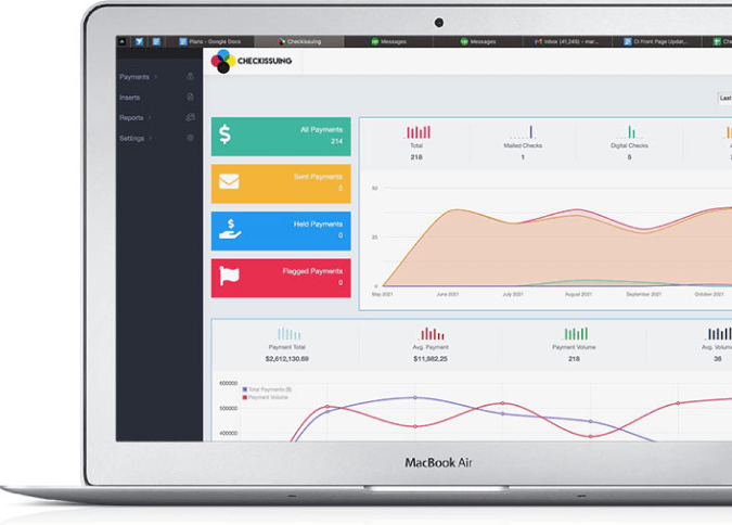 MacBook Air showing a data dashboard with colorful left panels and line/area charts on screen
