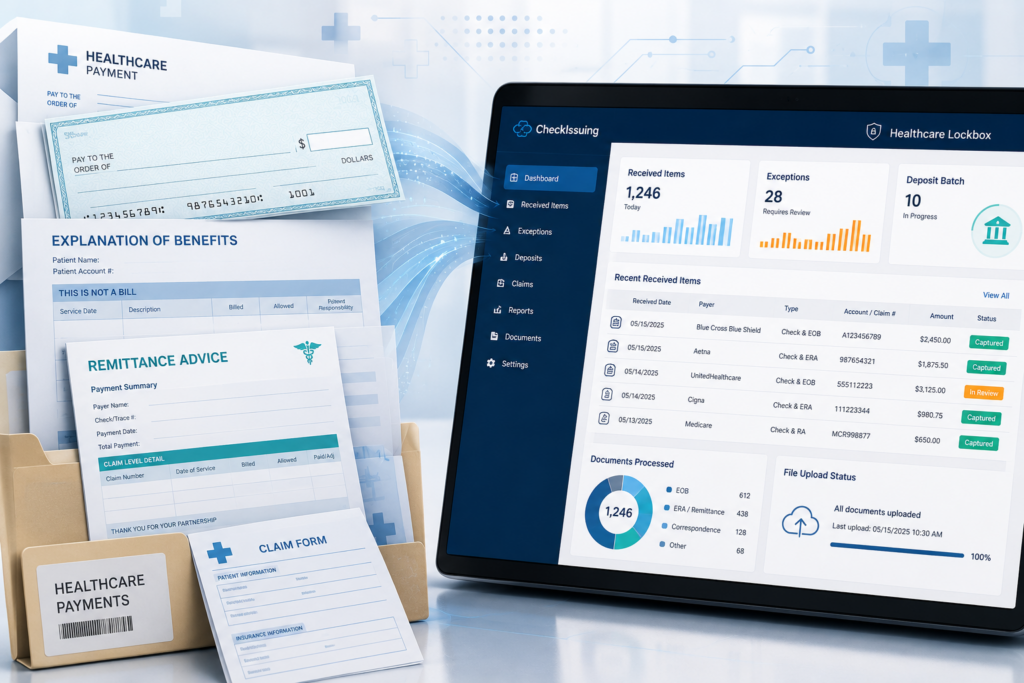 Healthcare lockbox processing services dashboard showing checks, EOBs, remittance advice, claim documents, exception tracking, deposit batches, and payment workflow visibility.