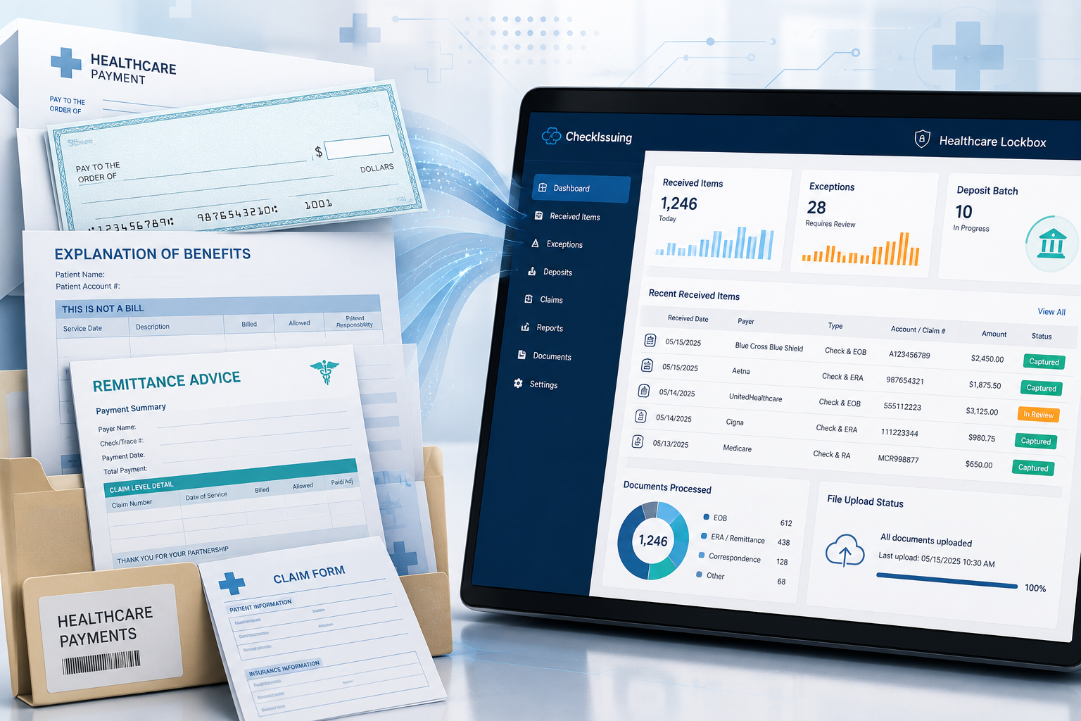 Healthcare lockbox processing services dashboard showing checks, EOBs, remittance advice, claim documents, exception tracking, deposit batches, and payment workflow visibility.